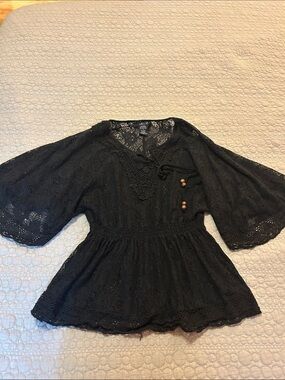Black Lace Peasant Blouse with Wooden Bead Detail